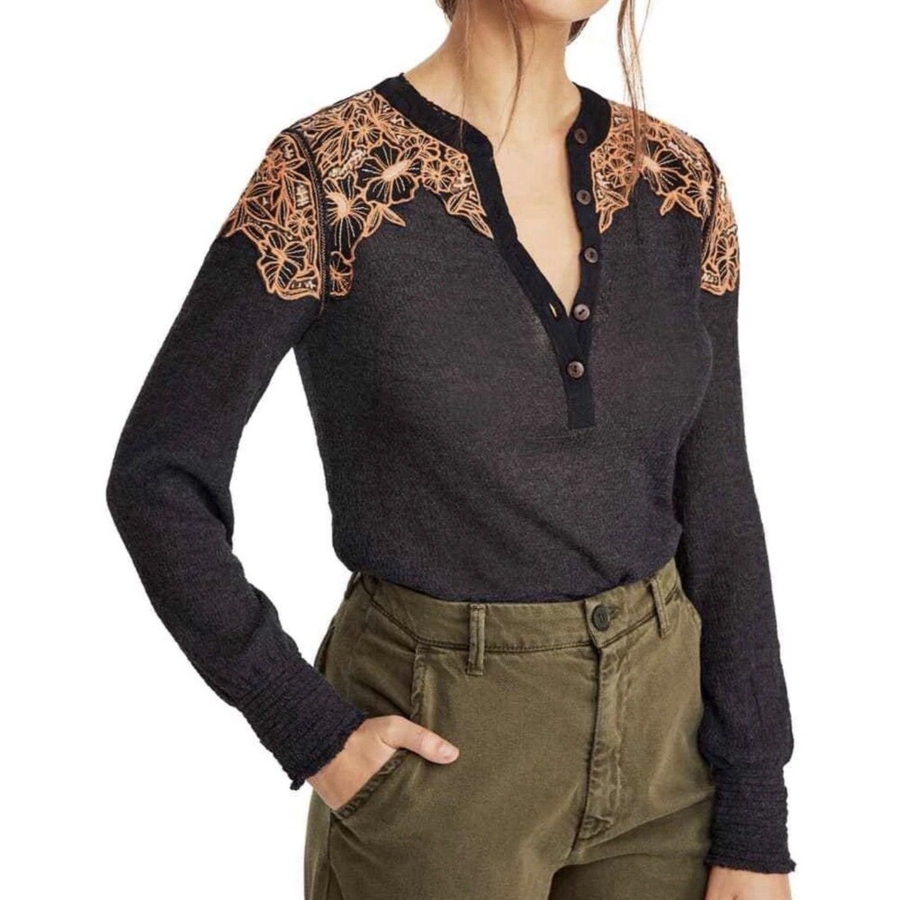 Free People Easy Breezy Black Henley Top Gauzy Lace Lightweight Summer Sz Small